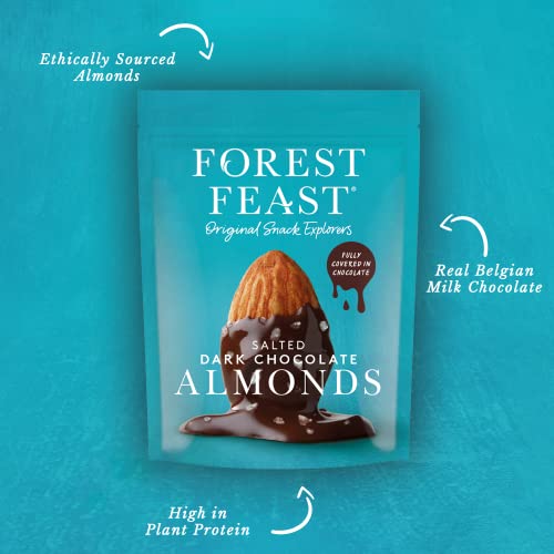 FOREST FEAST Salted Dark Chocolate Almonds 12 x 40g | Dark Chocolate Coated Salted Almonds with Real Belgian Dark Chocolate, Gluten Free High Protein Vegan Snack