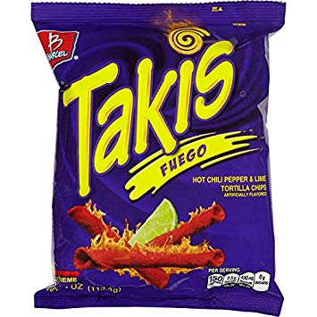TAKIS FUEGO (HOT CHILLI & LIME CORN SNACKS) 4OZ